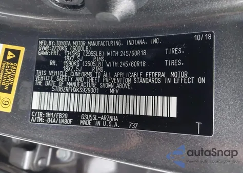 2019 Toyota Highlander Le z USA, uszkodzony, nr VIN 5TDBZRFHXKS929001